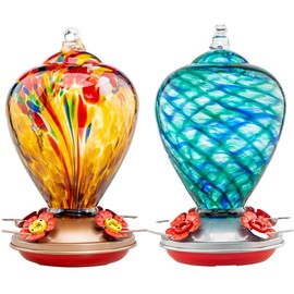 LaElvish Garden 2 Packs Hummingbird Feeder for Outdoors Hanging Ant and Bee Proof, 34OZ 32OZ Hand Blown Glass Hummingbird Feeders for Outside (Yellow & Blue)