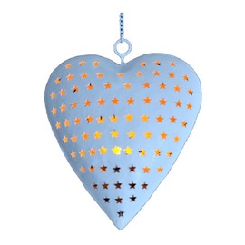 3SCompany Heart-Shaped Metal Tealight Candle Holder Lantern, Hanging, White, 14" with Star Cut-Out Design and 6" Chain