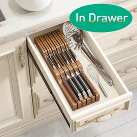 Knife Drawer Organizer, Bamboo Wood Knife Organizer Drawer Insert, Brown Knife Block Fit for 11 Knives
