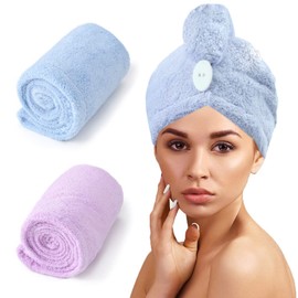 Haomye Super Absorbent Hair Towel Wrap Hair Drying Towel with Button Microfiber Quick Dry Hair Turban for Women and Girls 2Pcs (Blue&Purple)