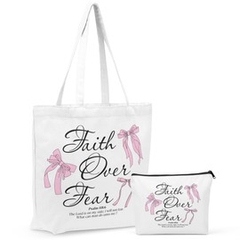 GHUSDFM Christian Gifts for Women, Girls Preppy Bow Canvas Tote Bag Makeup Bag Set, Inspirational Bible Verse Religious Gifts Birthday Friendship Graduation Reusable Grocery Bags Travel Cosmetic Bags