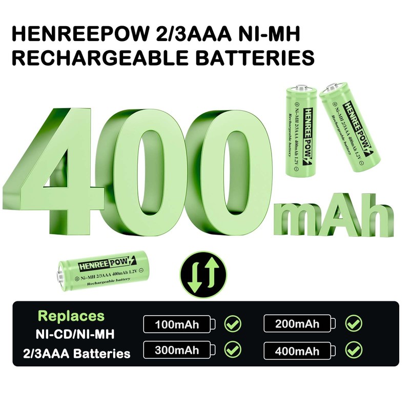 Henreepow 2/3AAA Solar Battery, 2/3AAA 400mAh Rechargeable Battery, 2/3AAA 1.2V