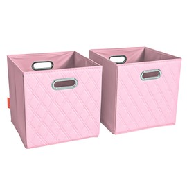 JIAessentials 12 inch Pink Foldable Diamond Patterned Faux Leather Storage Cube Bins Set of Two with Handles for living room, bedroom and office storage