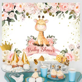 Little Giraffe Gender Reveal Backdrop Cute Brown Spots Smile Giraffe Green Leaves Gold Glitter Dots Flowers Banner for Baby Shower Party Oh Baby Background Studio Prop Fabric Decoration 7x5Ft