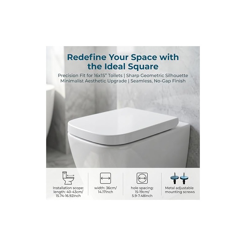Minsha MinS03 square toilet seat, glossy finish, designed for 16.5”L