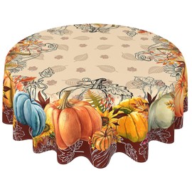 Round Fall Tablecloth 60 Inch, Washable Thanksgiving Autumn Pumpkin Fall Table Cloth Cover Round for Party Dinner Decor