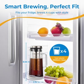 BrewMOO Cold Brew Coffee Maker, 1.0L/34Oz Cold Brew Pitcher | Ice Tea Maker with Airtight Glass Carafe, Filter, Non-Slip Base, Comfort Handle, Wide Spout (Grey)