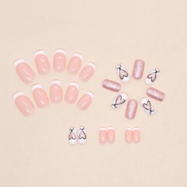 24PCS Valentines Day Press On Nail Medium Coffin Heart Fake Nails Golden Glitter Heart Designs Artificial False Nails Romantic Full Cover Acrylic Nails Stick on Nails for Women and Girls