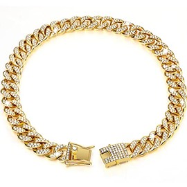 Dog Chain Diamond Cuban Collar Walking Metal Chain Collar with Design Secure Buckle, Pet Cuban Collar Jewelry Accessories for Small Medium Large Dogs Cats(Gold,8 Inch)