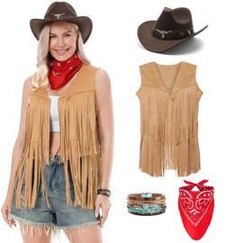 Changchupsem Western Cowgirl Costume for Women Cowboy Tassel Vest for Women Outfit with Hat Bandana Necklace (Khaki, Large)
