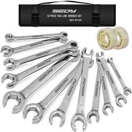12-Piece Flare Nut Wrench Set with 2-Piece PTFE Tape, Metric & SAE Brake Line Wrench Offset 1/4"-7/8"& 9-21mm Set Double Open End with Organizer Pouch for Repairing and Removing Nuts (14 Pack)
