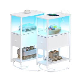 TUTOTAK Small Narrow LED End Table with Charging Station, Side Table Outlets, Nightstand with Cloth Drawer, Set of 2, Couch Table, for Living Room, Bedroom, Bedside, White TB01BW059