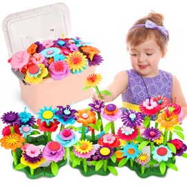 Fivejoy Flower Garden Building Toys for 3 Year Old Girls Boys,134pcs Flower Building Toy - Floral Arrangement Playset With Suitcase, Flower Building Blocks Set
