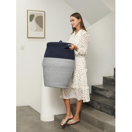26" x 20" Tall Extra Large Storage Basket with Lid, Cotton Rope Storage Baskets, Woven Laundry Hamper with Cover, Cloth Storage Bin, for Clothes Towels in Living Room, Dark Blue Mix