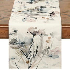 DEMIUKO Beige Table Runner Vintage Watercolour Flowers Table Runner Spring Modern Abstract Tablecloth Linen Summer Table Runner Table Runner Place Mat Kitchen Table Decoration 32 x 275 cm