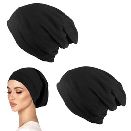 LUFFLOK 2 Pack Black Beanie Hats for Women and Men, Unisex Slouch Turban and Sleep Cap, Hair Loss Chemo Hat, Lightweight and Soft Cotton Hat Headwear