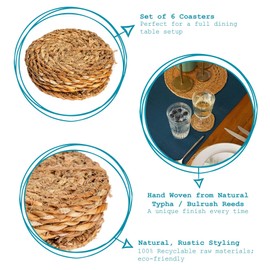 Argon Tableware Round Coasters - 10cm - Pack of 6 - Woven Typha Bar Drink Mat Table Protector Coasters for Kitchen, Home, Bar, Restaurant, Weddings, Events