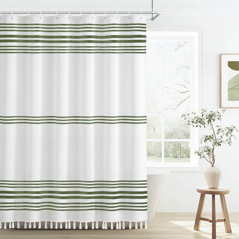 Seasonwood Sage Green Shower Curtain Boho Stripe Shower Curtains with