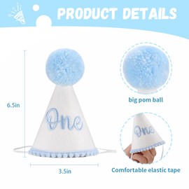 Kaniwati Baby 1st Birthday Party Crown, Pink Birthday Embroidered Party Hat, Blue One Party Hat For Boys (BULE-ONE-CXMZ)