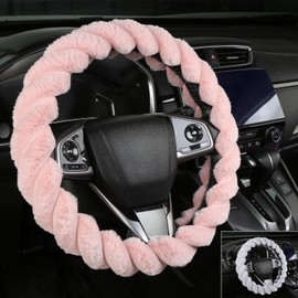 OHHMNKK Fluffy Pink Steering Wheel Cover for Women Girls, Cute Plush Fuzzy 15" Universal Anti-Slip Breathable, Soft Warm Cozy Comfortable for Teen College Student, Kawaii Girly 14.5-15 Inch