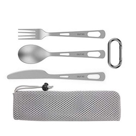 OUTXE Juego de cubiertos de titanio ligeros con cuchillo, tenedor y cuchara, juego de cubiertos de camping y utilidad con bolsa de transporte para via
