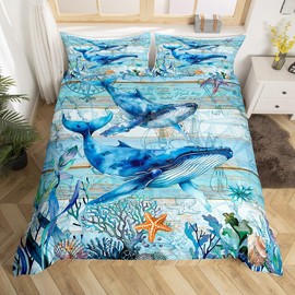 Feelyou Cute Whales Bedding Set Twin Size Kids Ocean Animal Comforter Cover Set for Boys Girls Teens Marine Animals Underwater World Duvet Cover Summer Blue Ocean Themed Bedspread Cover Room Decor