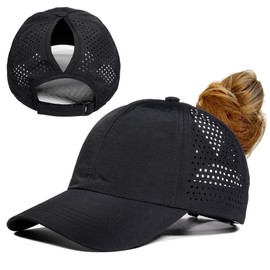 Gisdanchz Women's Vertical Ponytail Cap, Adjustable, Lightweight, Breathable, Perforated Summer Baseball Cap for Running, Golf and More, black, 54-58