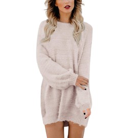 Viottiset Women's Oversized Jumper Dress, Loose Mini Dress, Imitation Cashmere, Long, apricot