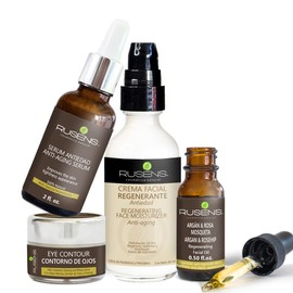 Rusens - Kit Antiedad Ácido Hialurónico, Contiene Serum Antiedad con efecto Tensor + Crema Contorno de Ojos + Crema Facial Regenerante + Aceite Facial Regenerante Argán & Rosa Mosqueta