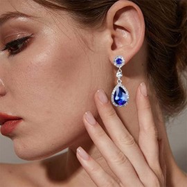 Allereya Vintage Sapphire Crystal Earrings Blue Sapphire Earrings Drop Earrings Sapphire Earrings Silver CZ Dangle Earrings Jewellery for Women and Girls (Blue)