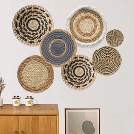 Dokeno Pack of 7 Boho Wall Baskets Rattan Wall Decor Flat Round Woven Wall Basket Decoration Water Hyacinth Corn Shell Handmade Macrame Hanging Woven Baskets for Living Room Bedroom Dining Room Office