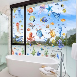 Hikosiya Hyqa011 Electrostatic Sticker, Window Sticker, Fish, Aquarium, Scandinavian Style, Window, Door, Cupboard, Bathroom, Glass, Cute, Sea, Fish, Sea Creatures, Decorative, Double-Sided