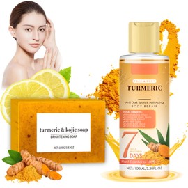 2Pcs Turmeric Kojic Acid Soap and Turmeric Oil for Face & Body, Turmeric Skin Care Set with Kojic Acid & Turmeric Soap and Turmeric Oil for Skin, Reduce Dark Spots & Anti-Aging, Soothing, Moisturizing