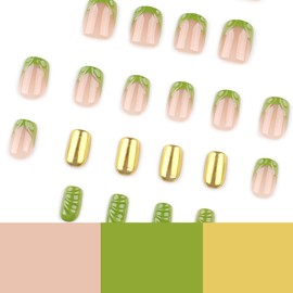 Green Press on Nails French Tip Fake Nails Chrome Glue on Nail Water Ripple False Nail with Design Glossy Full Cover Artificial Acrylic Short Square Stick on Nails for Women Girls Manicure 24Pcs