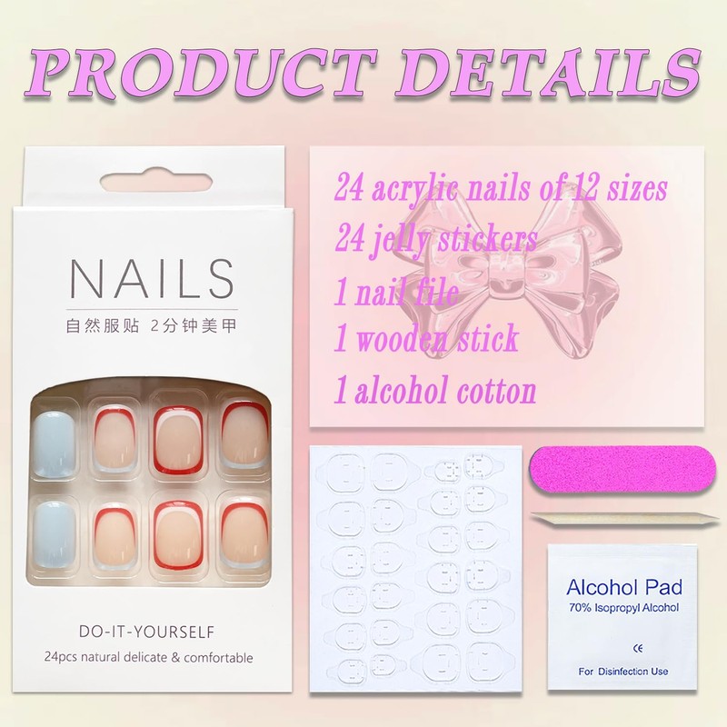 MABKJLF Press on Nails Short Square French with Red Line