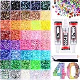 40000 Bedazzling Kit Rhinestones with 3 PCS Glues & Pen & Tweezers | 40 Colours Bedazzler Kit Gems for DIY Nails Clothes Shoes Decoration, Diamond Art Crafts