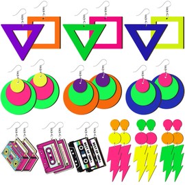 Misdary 12 Pairs 80s 90s Earrings for Women Neon Earrings Retro Earrings Pendant Geometric Cassette Tape Jewelry Colorful Neon Wooden Earrings Drop and Dangle Earrings for 80's Glow Party Accessories