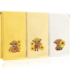FuWeave 3 Pcs Sunflower Highland Cow Hand Towels Embroidered Highland Cow Farmhouse Yellow Decorative Bathroom Towels for Bathroom Kitchen Decor, 100% Cotton, 13.3 x 29.5''