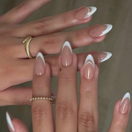 Spring Press on Nails Square White French Tip Fake Nails Floral Acrylic Nails Cute Flower Glue on Nails Square Nails Press ons French Press on Nails Holiday Stick on Nails for Women Girls