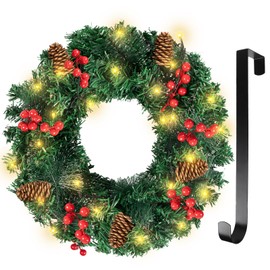 Fohil 16 Inch Christmas Wreath, Pre-Lit Christmas Garlands 30 LEDs Lights 8 Modes Xmas Door Decoration with Pine Cones, Berry Clusters,Metal Hanger for Mantle Outdoor Indoor Front Door Window