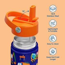 Kid Water Bottle 12oz with Straw Lid - 2-Pack Insulated Stainless Steel Water Bottles for Kids Boys Girls - Travel Cup for School Sports, Construction & Transportation