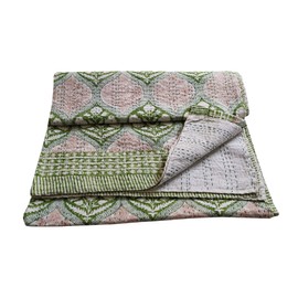 thehandicraftworld Cotton Kantha Quilt Blanket, Green Floral Print, 90x108 Inch