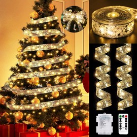 btfarm 12M 120LED Christmas Ribbon Fairy Lights with Remote, Christmas Tree Lights 8 Modes Waterproof Copper Wire Fairy Lights for Christmas Tree Decoration, Indoor, Bedroom,Silver Ribbon Warm White