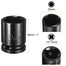 sourcing map Deep 6-Point Impact Socket 1/2" Drive 22mm Metric Socket 1.5" Length with 1/4" Hex Shank Adapter, CR-V Steel Socket Adapter Accessory Tool Set Kit for Hex Bolts Nuts