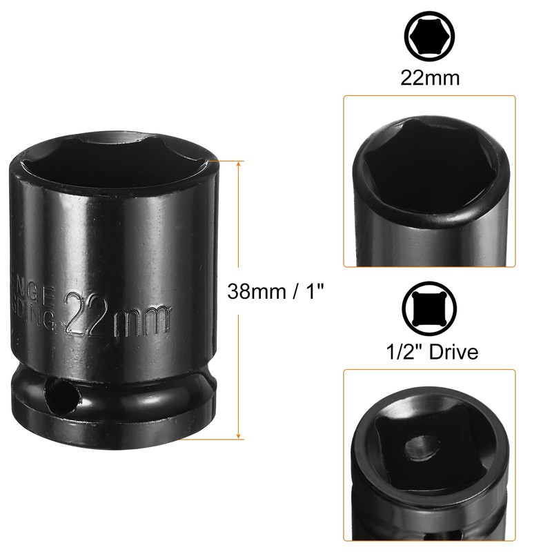 sourcing map Deep 6-Point Impact Socket 1/2" Drive 22mm Metric