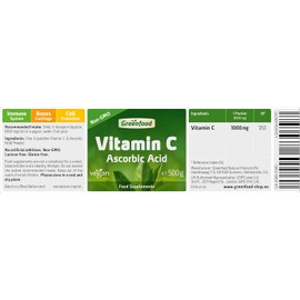 Greenfood Vitamin C, 500g Powder - contributes to The Maintenance of The Immune System, Bones, Skin, Teeth and Gums. Without Genetic Engineering. Without Artificial additives. Vegan.