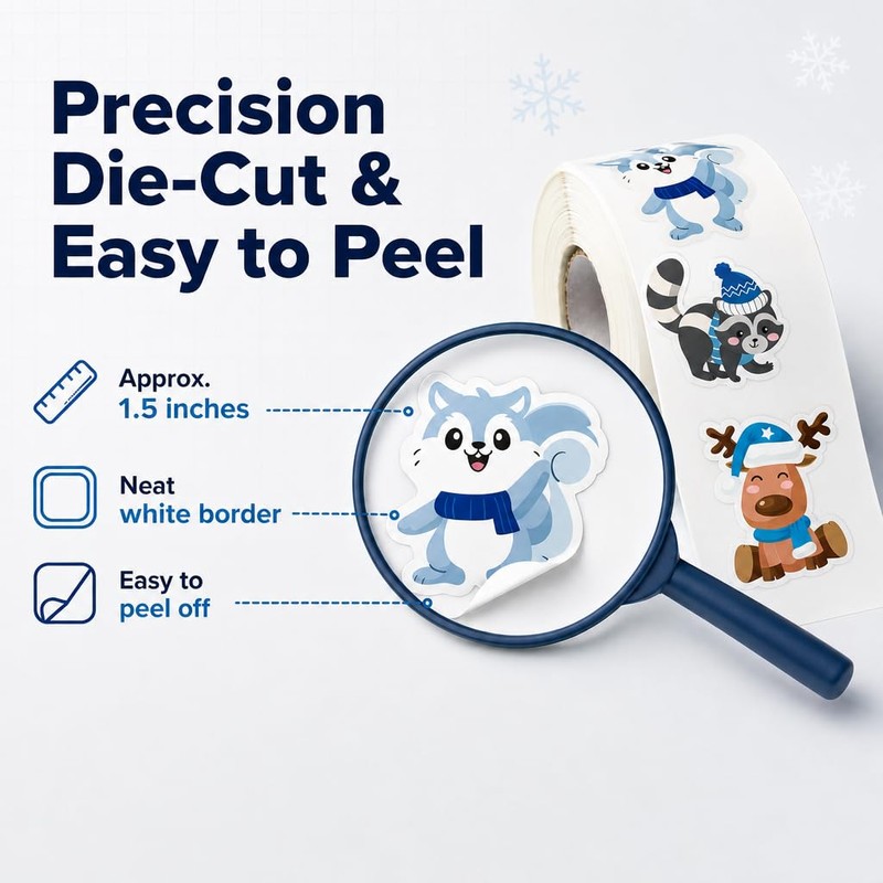 1.5 inches 500pcs Winter Animal Stickers Roll, Christmas Envelope Seals