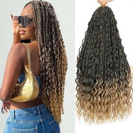 Boho Box Braids Crochet Hair 24 Inch - 8 Packs Black Mixed Honey Blonde Goddess Box River Braids Crochet Hair Pre-looped Bohemian Ombre Synthetic Braiding with Curly Ends (24 Inch, T1B/27)