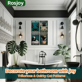 Rosjoy 4PCS Funny Cat Bathroom Decor, Black Cat Wall Art “Are You Pooping？” 12×8 Inches Vintage Metal Sign, for Public Restroom, Apartment, Farmhouse Bathroom Deco