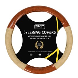 XUKEY Beige Leather Car Auto Steering Wheel Cover Wood Grain Breathable Anti-slip